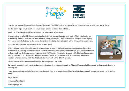 Australia: We love to support the work of Restoring Hope!