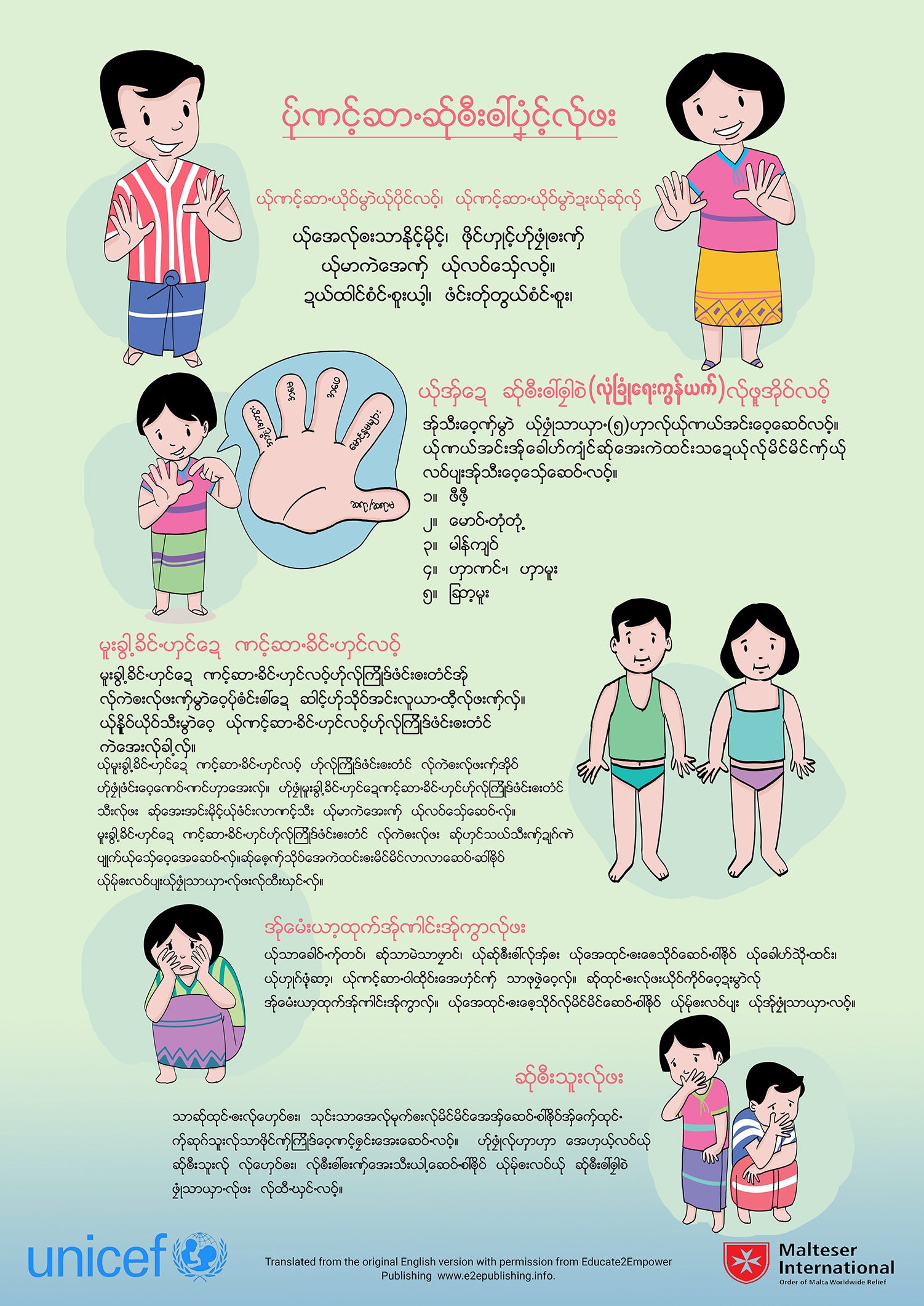 Body Safety Rules poster for children, written in the Poe Kayin Language