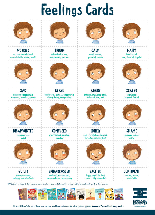 A children's activity sheet consisting of 16 cards showing different feelings.