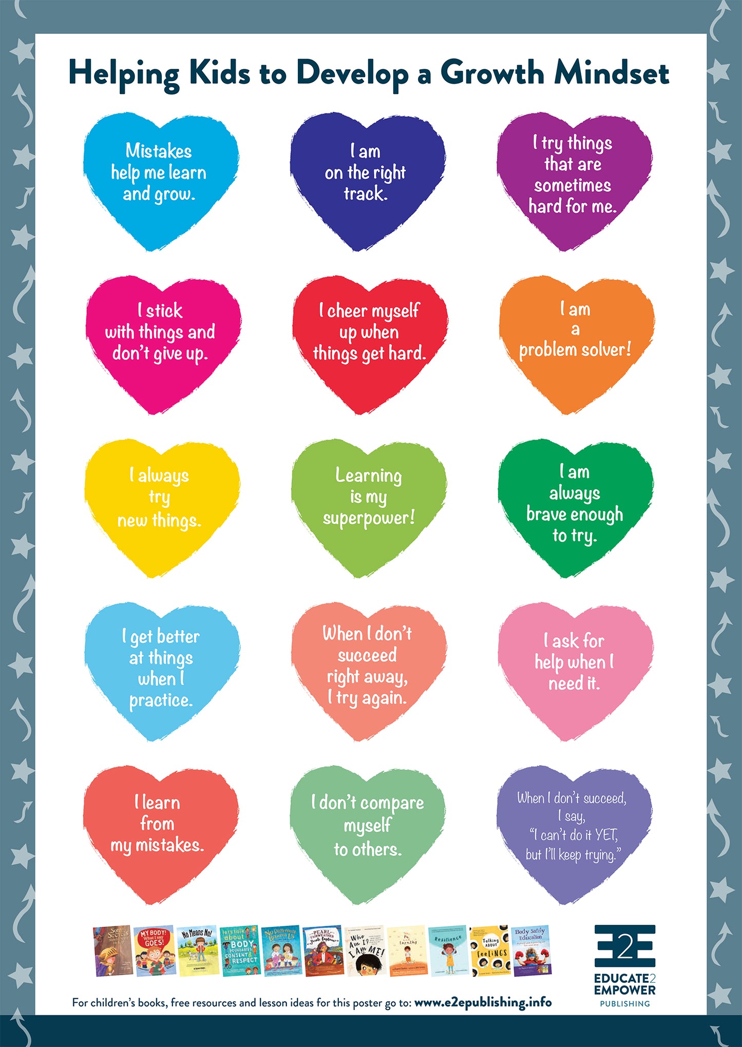 A children's activity sheet with 15 heart shapes, each containing a positive affirmation.