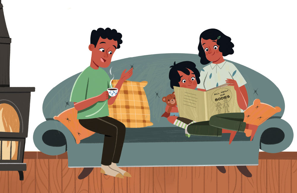 An illustration by Farimah Khavarinezhad of a father, child and mother sitting together on a sofa reading a book titled 'All About Our Bodies'.