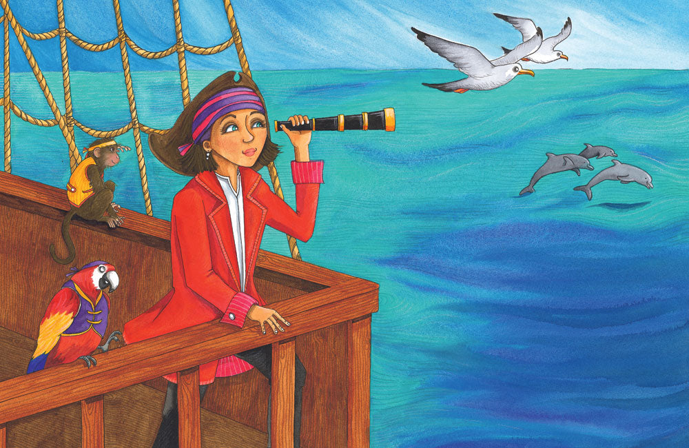 An illustration by Lesley Danson of a pirate captain looking out to sea from the railing of her ship.