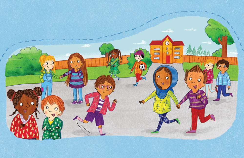 An illustration by Sarah Jennings of a schoolyard full of children.