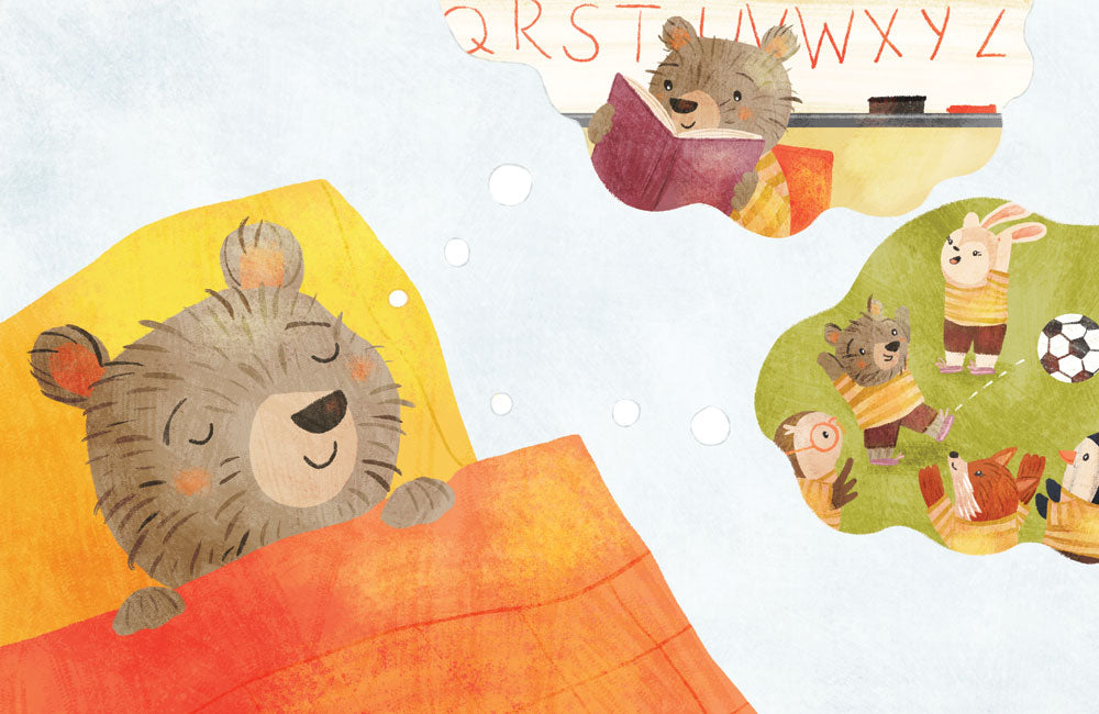 An Illustration by Stephanie Fizer Coleman of a little bear sleeping in a bed while dreaming of achieving their goals.