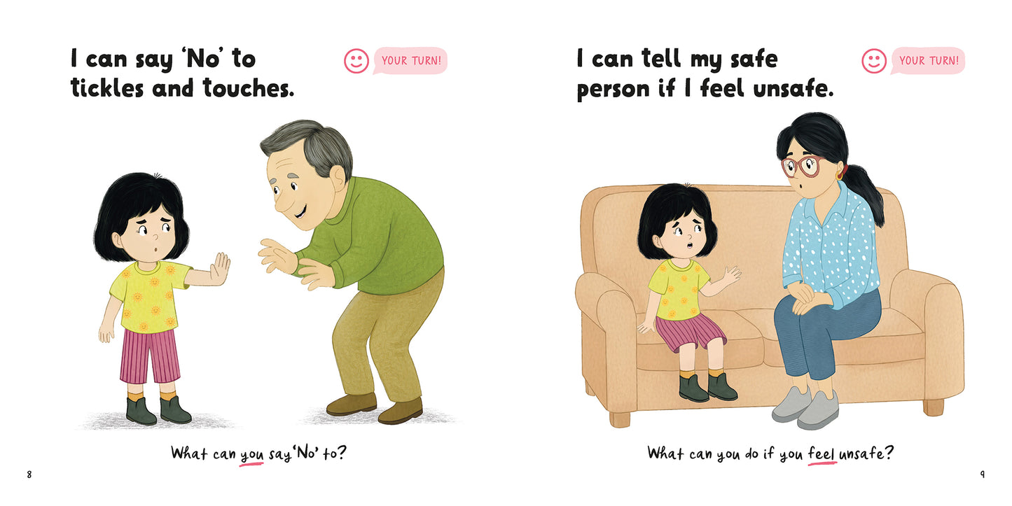 Illustrated page spread from the book 'Boss of My Body' showing on the left page, a child telling an old man to stop tickling them and on the right page, the child telling a trusted adult about something that made them feel unsafe. There are positive words, affirmations and conversation starters promoting body autonomy and sharing you feelings.