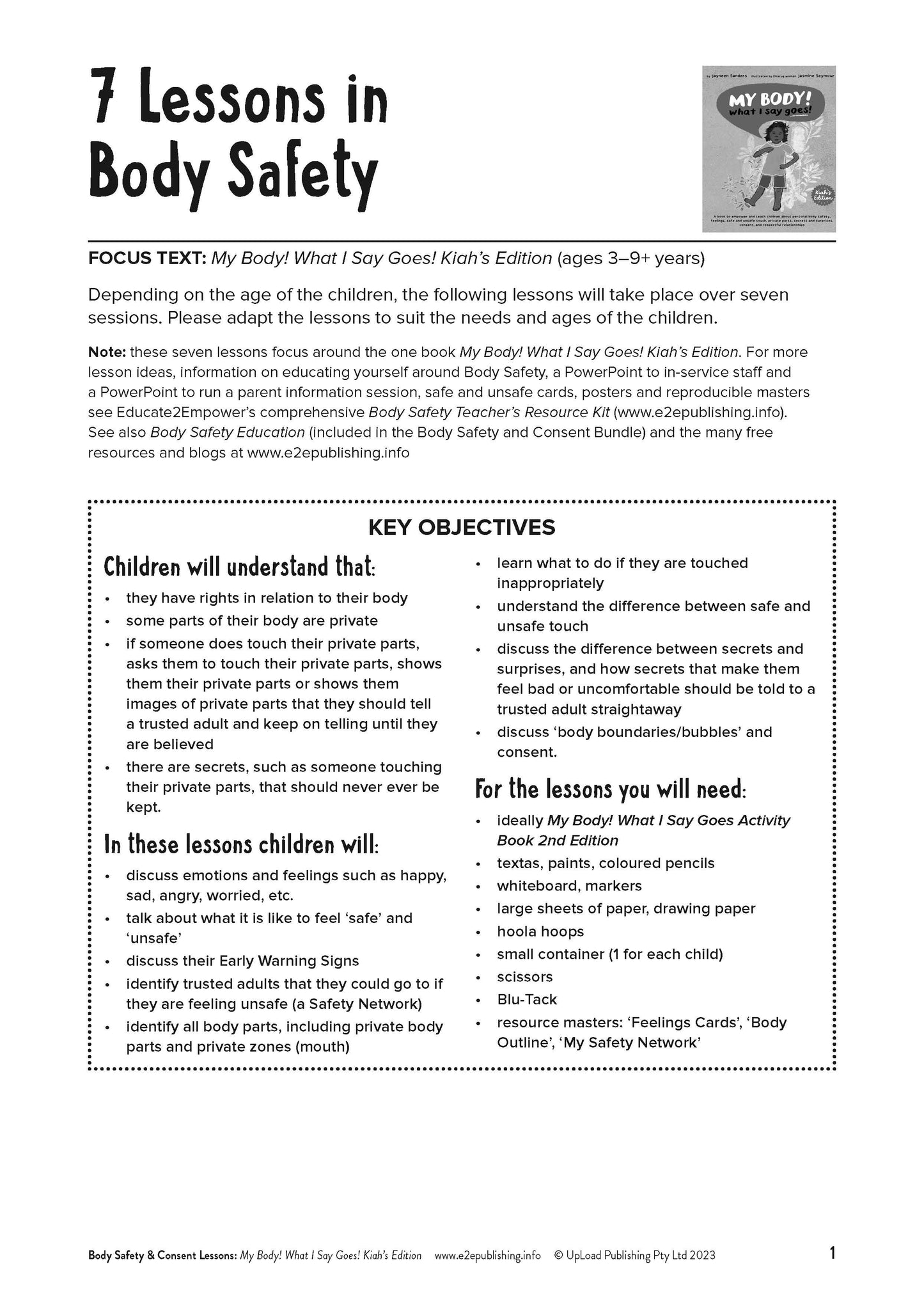 My Body! What I Say Goes! Kiah's Edition - FREE LESSON PLANS