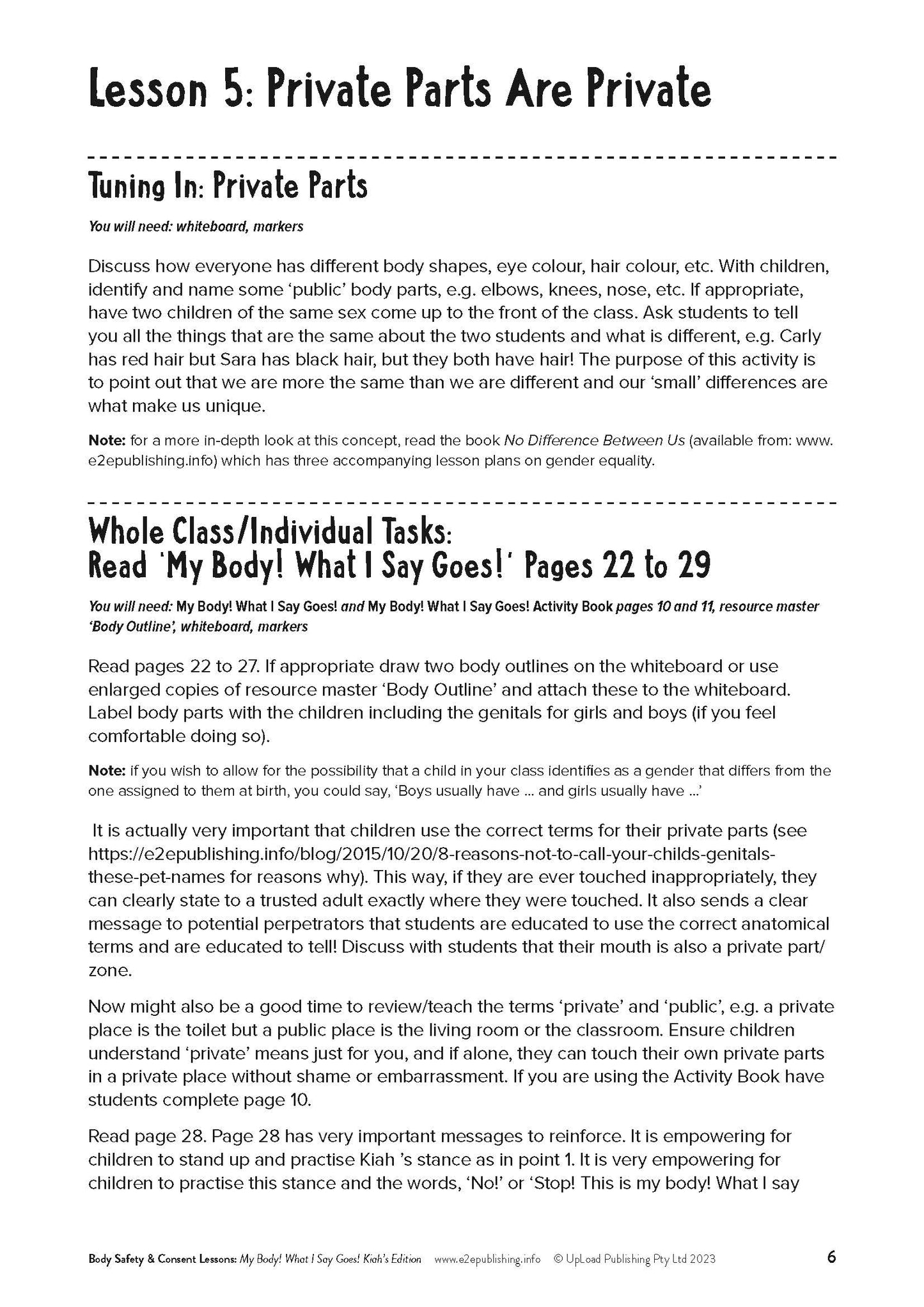 My Body! What I Say Goes! Kiah's Edition - FREE LESSON PLANS