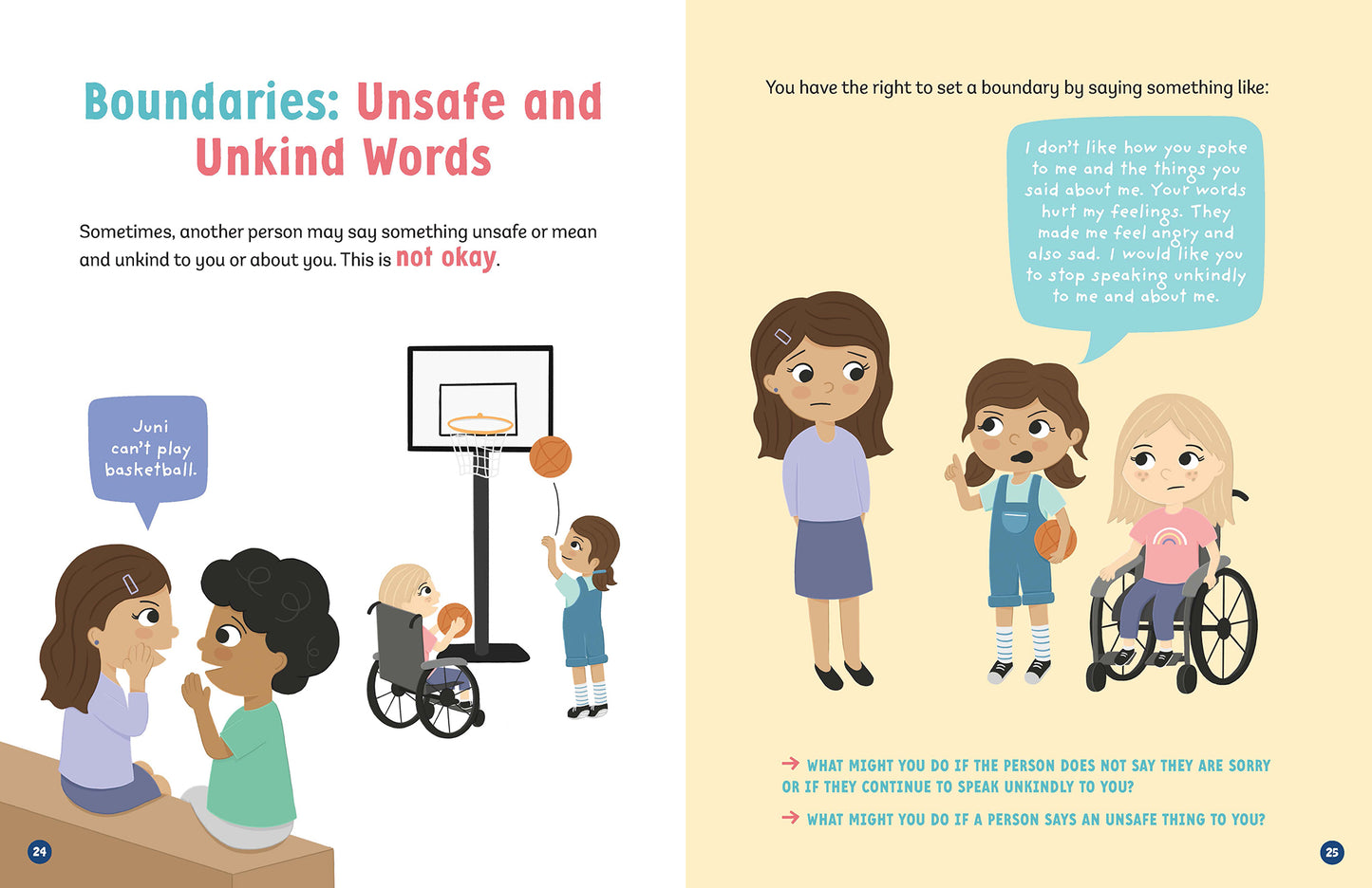 Illustrated page spread with text from the children's book 'Respect Me! Respect My Boundaries!' by Jayneen Sanders. On the left page there is two children making fun of another's basketball skills. On the right page the child is confronting the person who spoke disrespectfully.