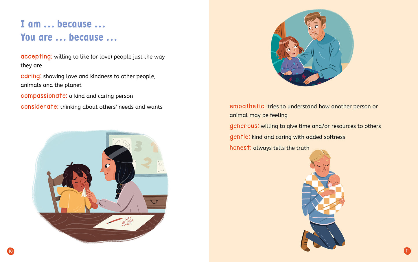Illustrated page spread with text from the children's book 'So Many Words for Me to Be' by Jayneen Sanders. On the left page there is words about kindness and an image of a crying child being comforted. On the right page there is words about empathy and an iamge of a father listening to his child and another of a father holding a baby in a sling.
