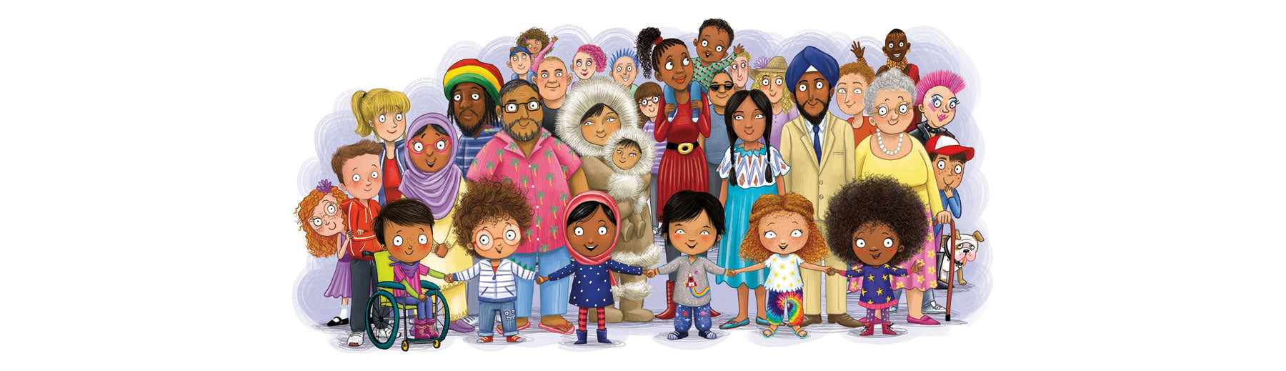 A cartoon of a large group of ethnically diverse adults and children. 