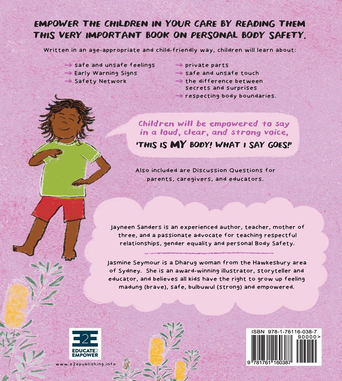 The back cover of the book 'My Body! what I Say Goes! Kiah's Edition.' by Jayneen Sanders