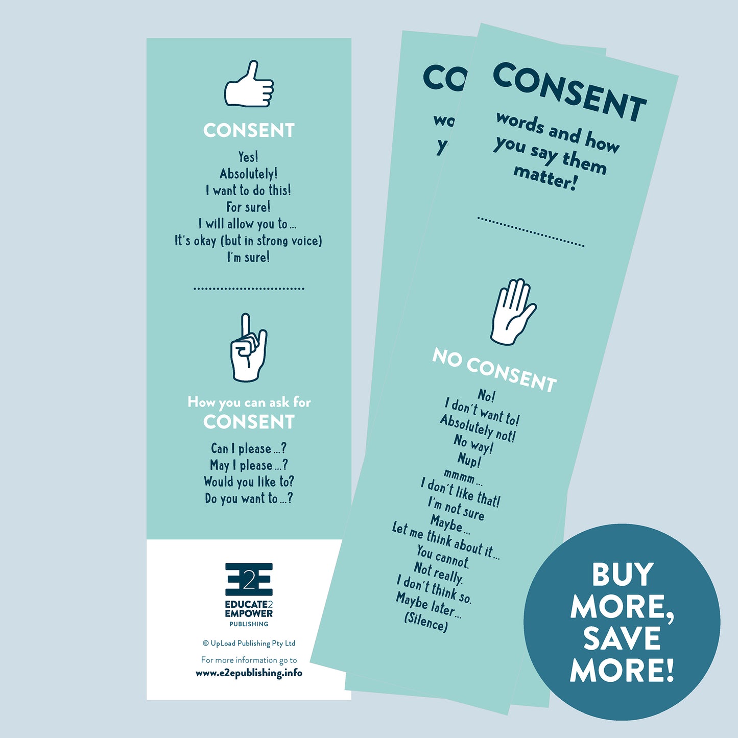 A collage of bookmarks on which there are many examples of words used to ask for and refuse or provide consent.