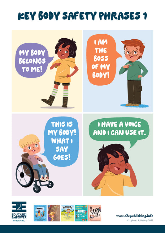 An activity sheet for children titled 'Key Body Safety Phrases' which contains cards to cut out, each containing an important body safety message.