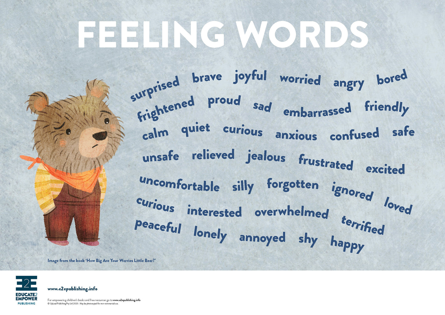 A poster for children titled 'Feeling Words' with a teddy bear standing next to a collage of words used to describe our feelings.