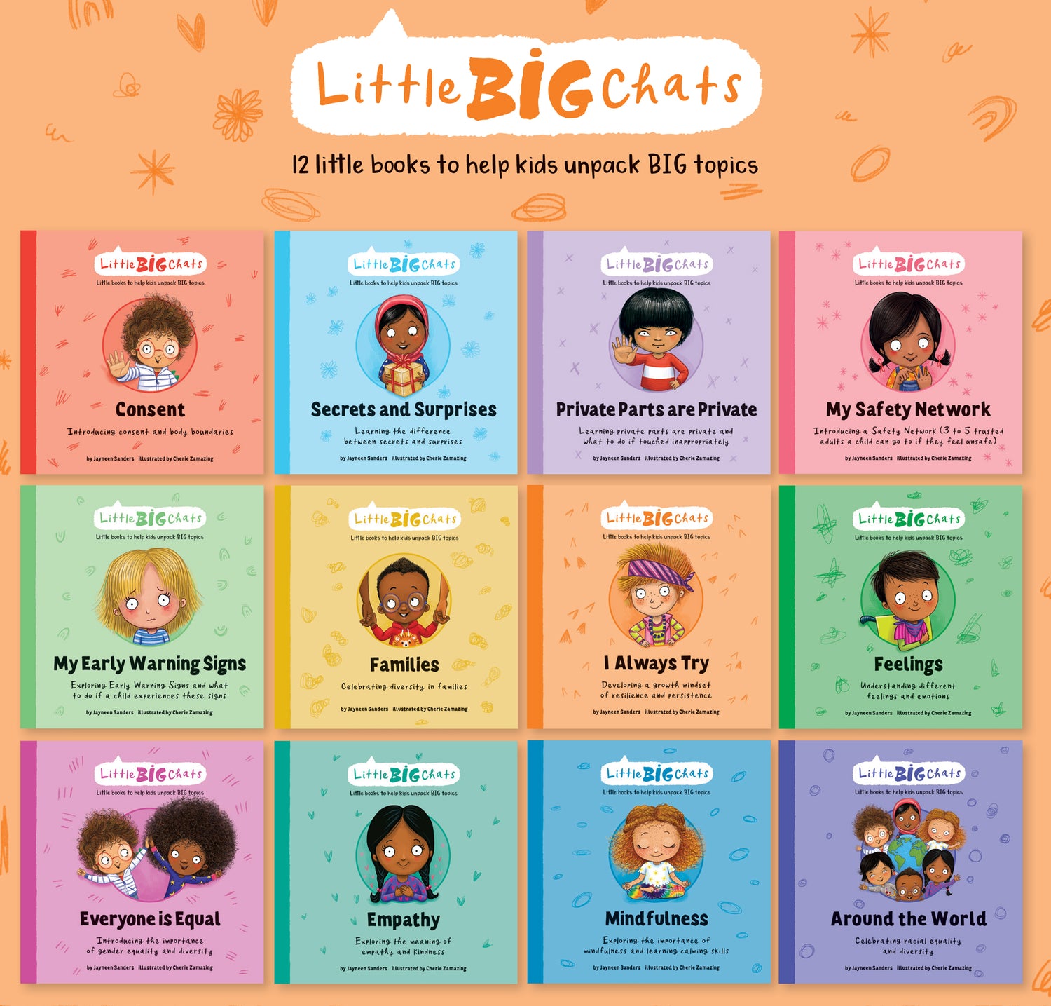 A promotional image for the Little BIG Chats book series containing a collage of the 12 books making up the series. Little BIG Chats: 12 Little books to help kids unpack BIG topics
