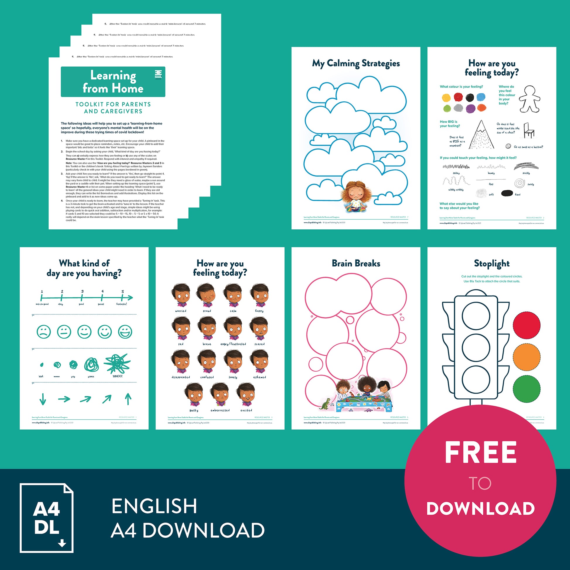 A promotional image showing a collage of activity sheets included in the free 'Learning From Home' downloadable bundle.