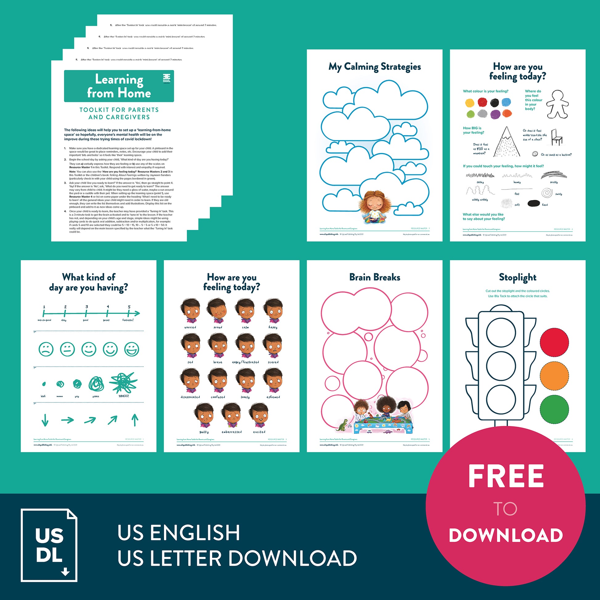 A promotional image showing a collage of activity sheets included in the free 'Learning From Home' downloadable bundle.