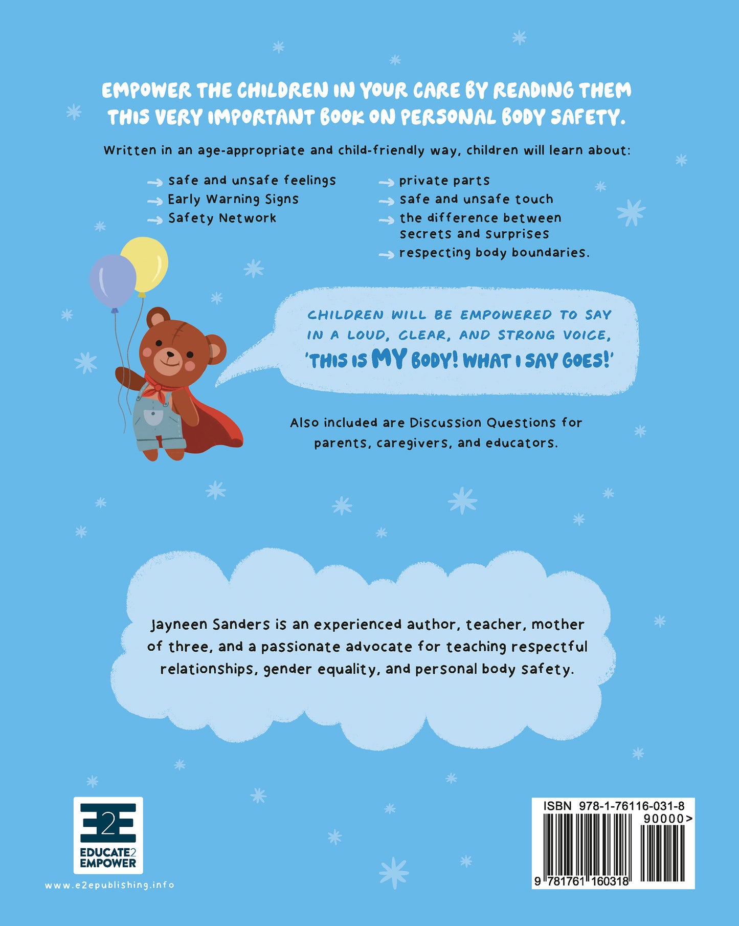 The back cover of the book ‘My Body! What I Say Goes!’ by Jayneen Sanders.
