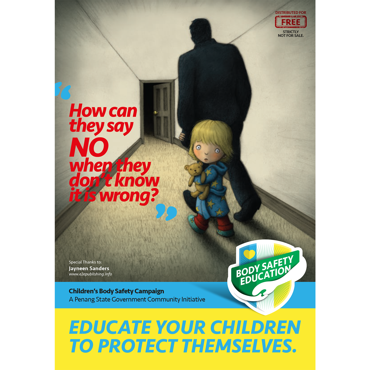 The cover of a Body Safety Education booklet showing a child being led down a corridor to a door by a shadowy adult figure.
