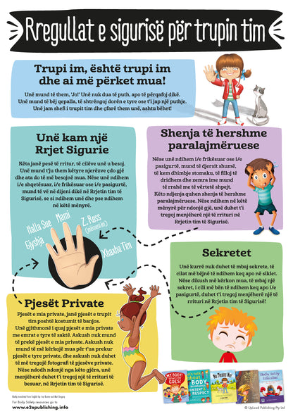 Body Safety Rules poster for children, written in Albanian.