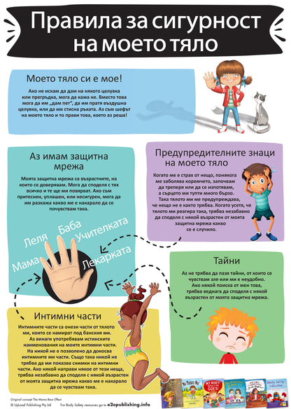 Body Safety Rules poster for children, written in Bulgarian.