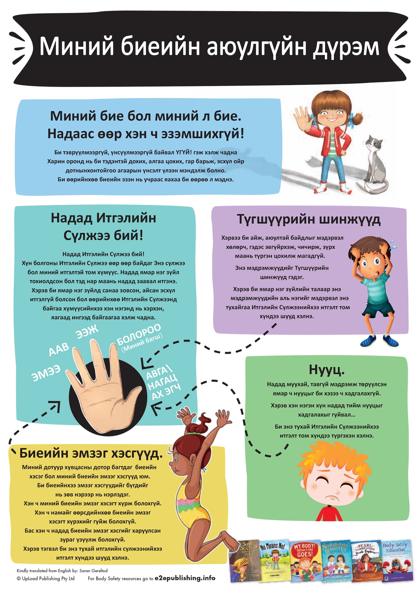 Body Safety Rules poster for children, written in Mongolian.