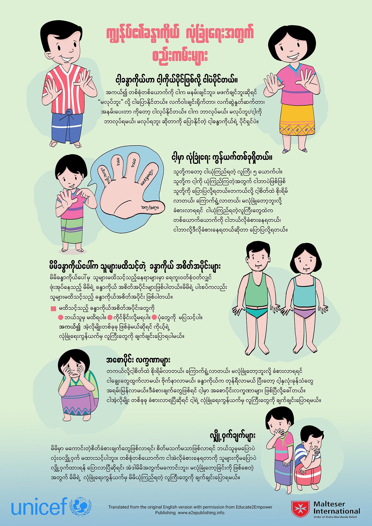 Body Safety Rules poster for children, written in the Burmese