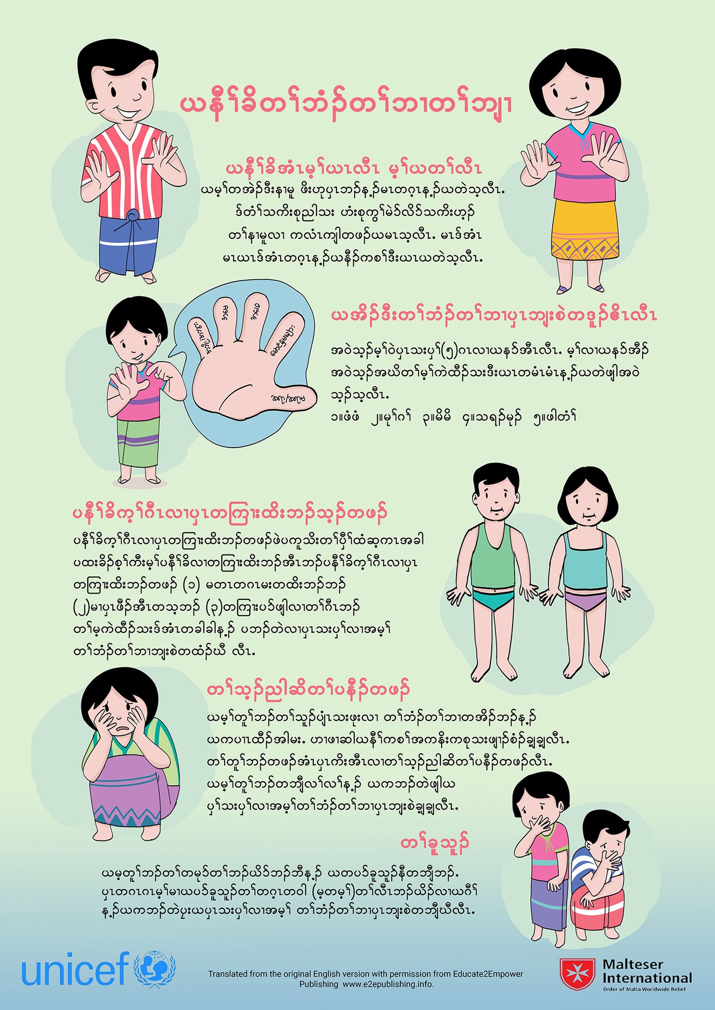 Body Safety Rules poster for children, written in the Saga Kayin Language