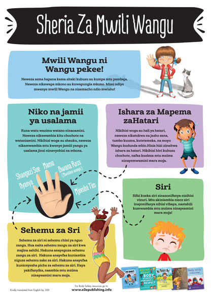 Body Safety Rules poster for children, written in Swahili