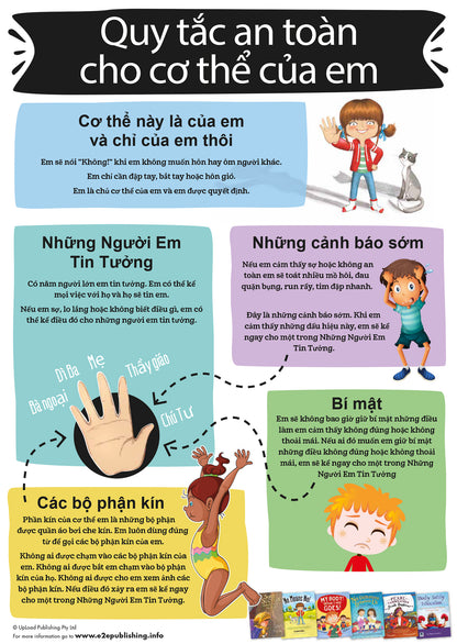 Body Safety Rules poster for children, written in Vietnamese.