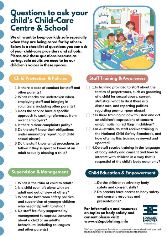A poster showing what child safety related questions to ask child-care centres and schools.