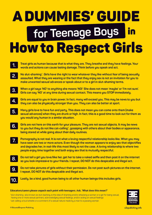 A poster with some tips on how teenage boys can treat women and girls with respect.