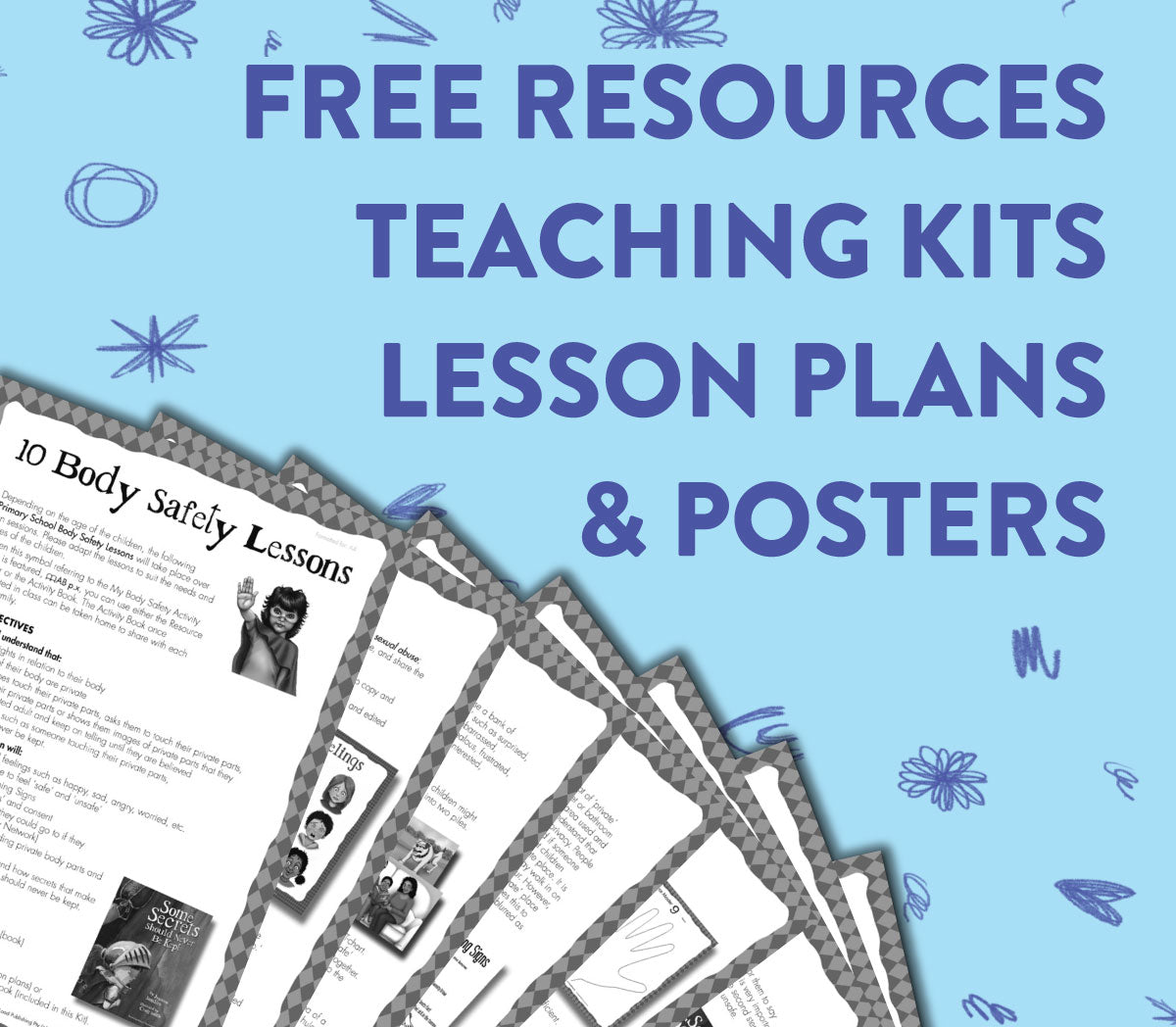 A promotional banner showcasing the teaching kits, lesson plans, posters and free resources available on Educate2Empower's website.