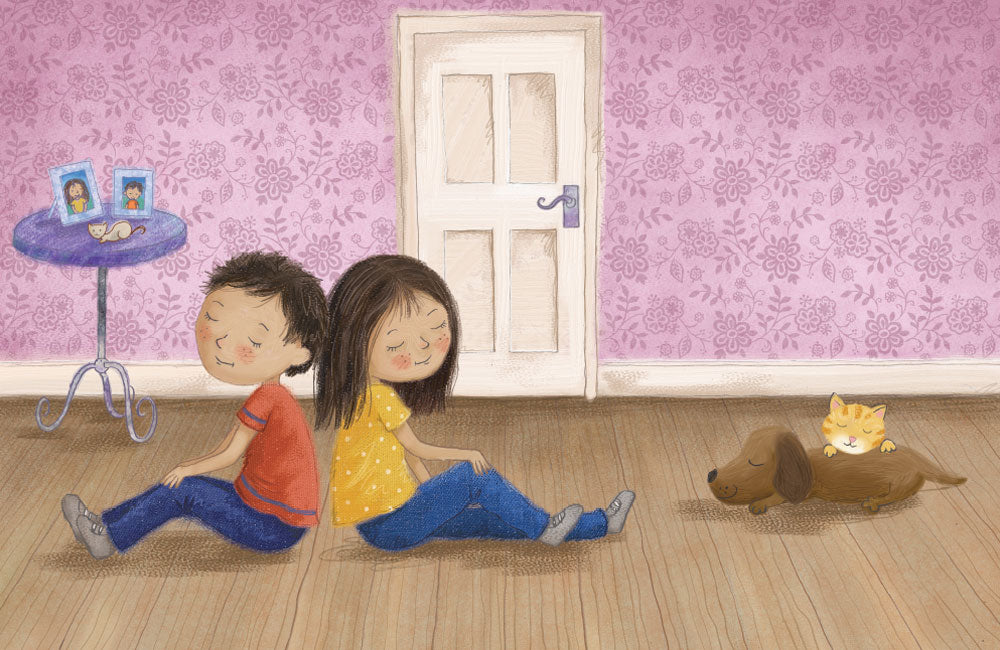 An illustration by Amanda Gulliver of a boy and a girl sitting on the floor peacefully, with their backs together and their eyes closed.