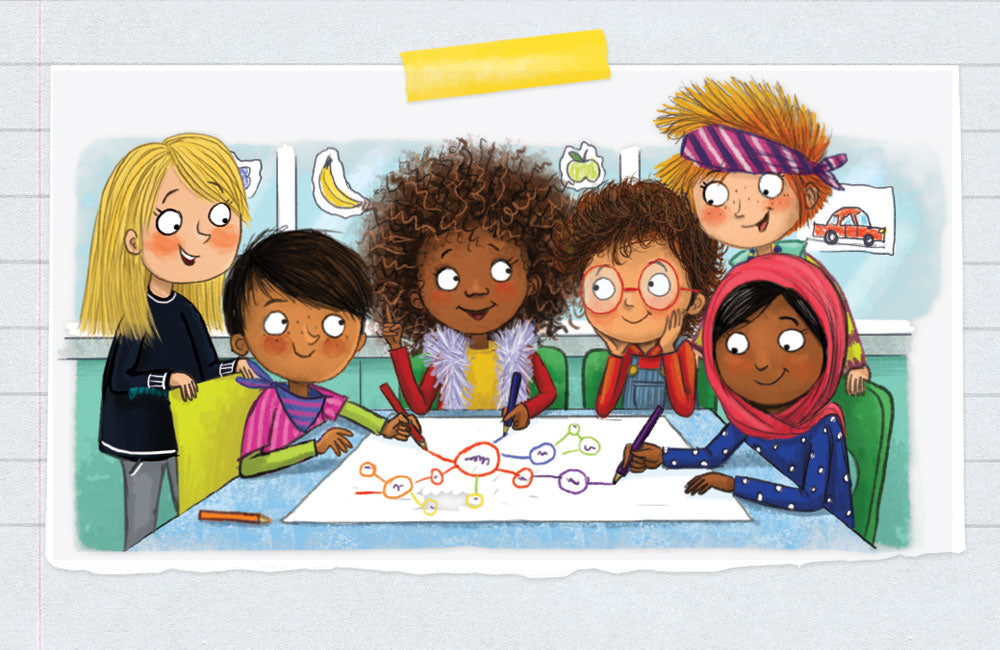 An illustration by Cherie Zamazing of a group of happy children working together on a drawing.
