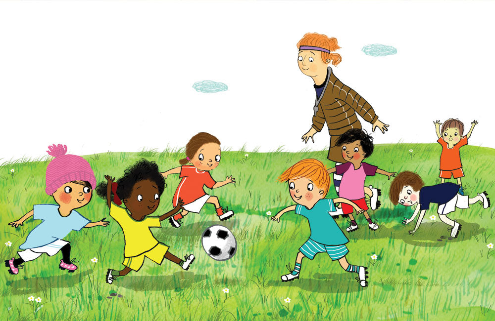 An illustration by Diane Ewen of a group of children playing soccer ball while an adult referees.