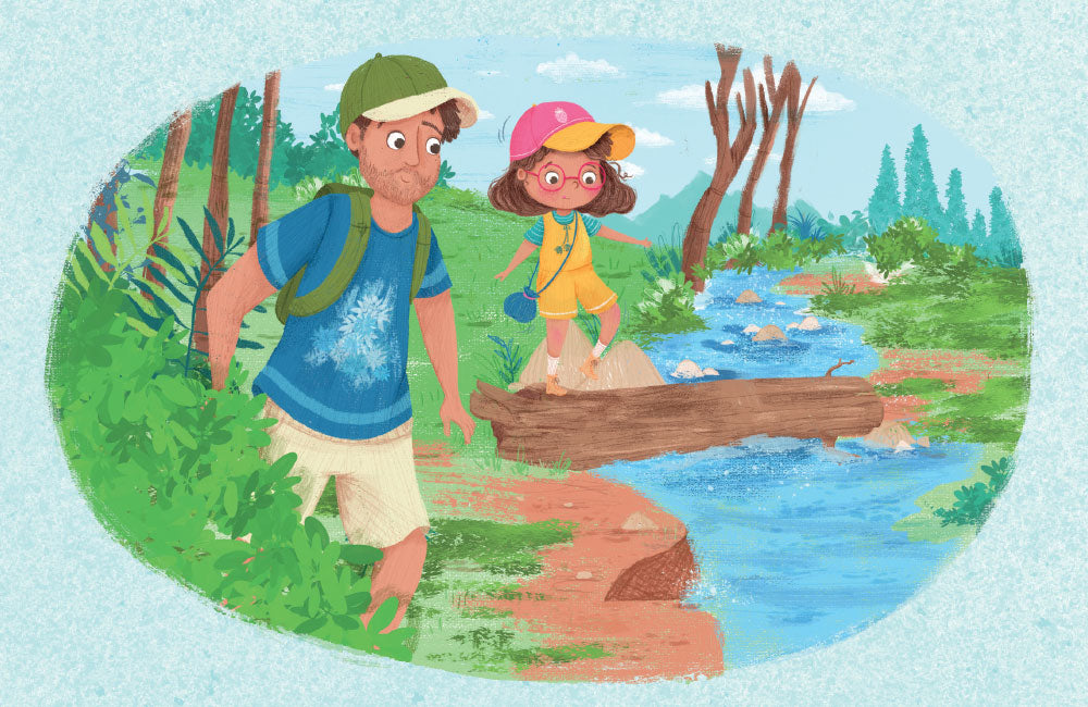 An illustration by Sofia Cardoso of a little girl balancing on a log that is across a stream while her father watches.