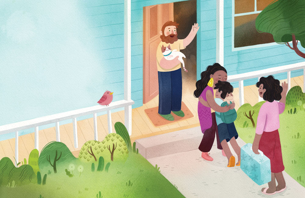 An illustration by Vivian Mineker of a mother and child receiving hugs arriving at their relatives house.