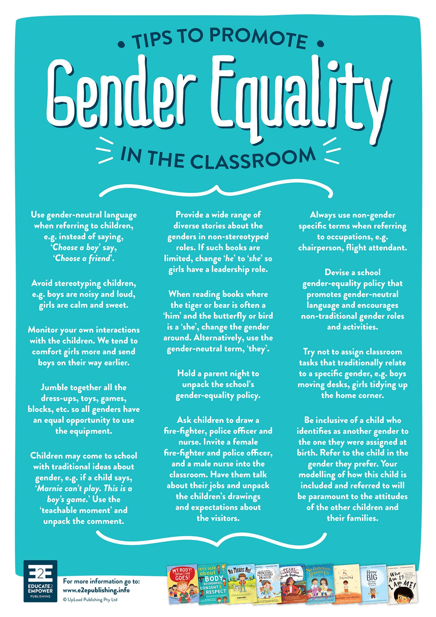 An informative poster for teachers titled 'Tips To Promote Gender Equality In The Classroom'