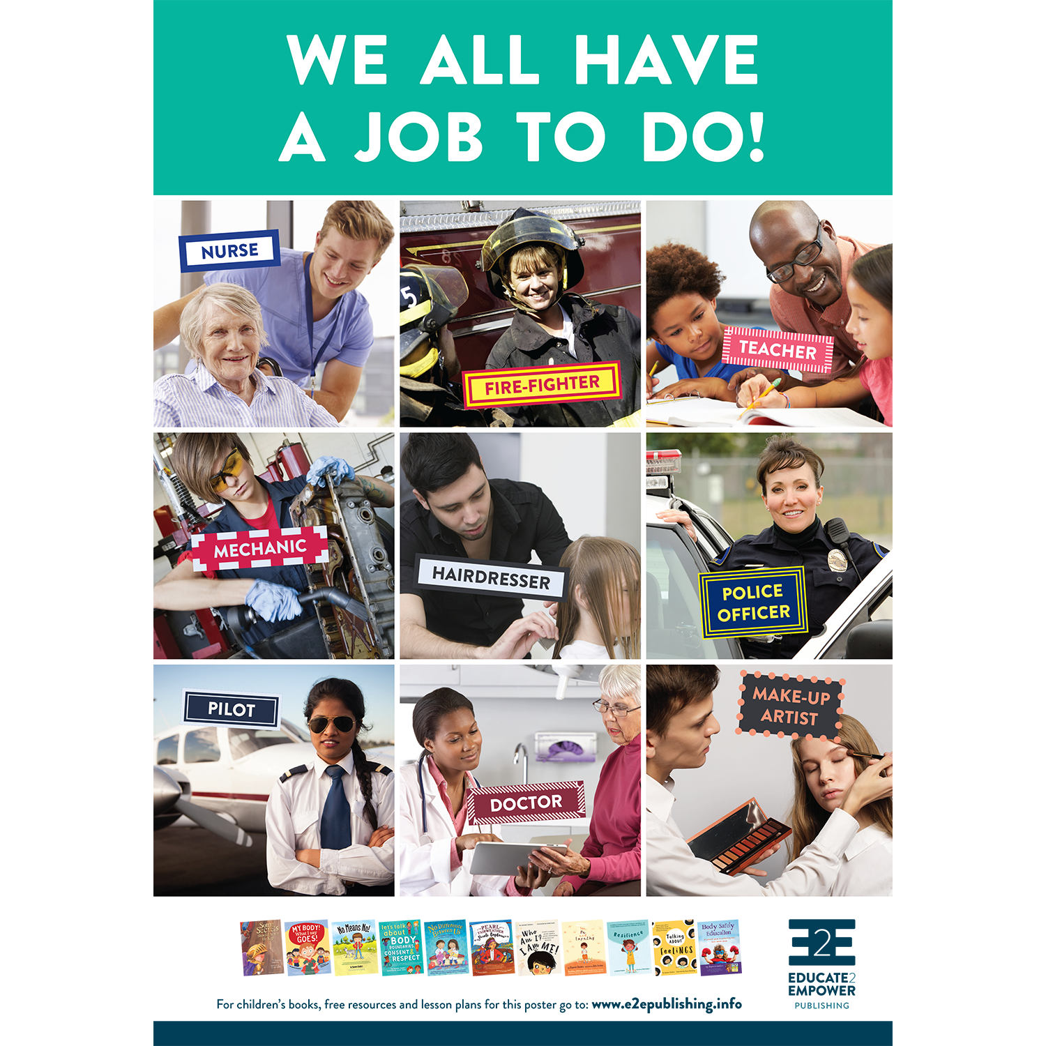 A poster for children titled 'We All Have A Job To Do!' containing people working in occupations that are contrary to historical gender roles.