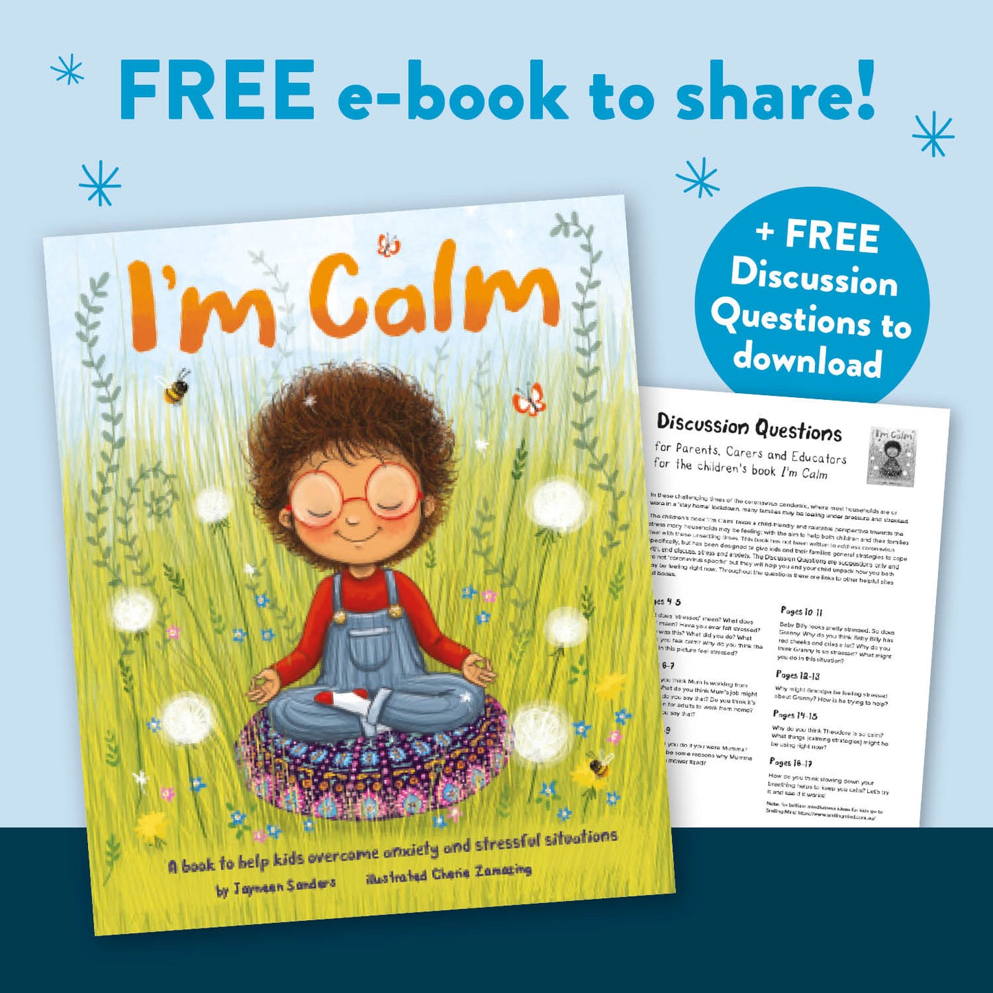 A promotion for a free e-book titled 'I'm Calm'. "Free e-book to share! Plus free discussion questions to download."