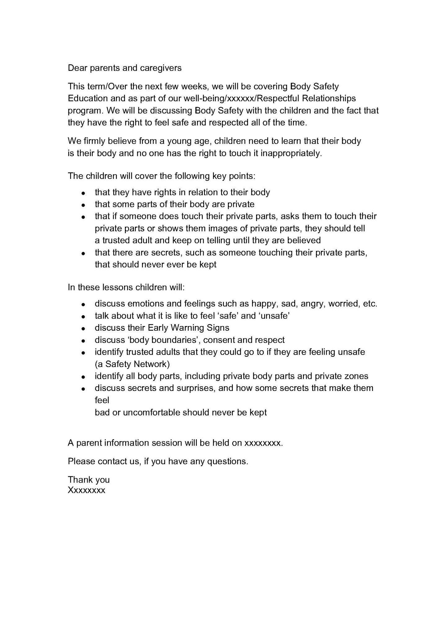 Body Safety Education Program - Sample Letter to Parents