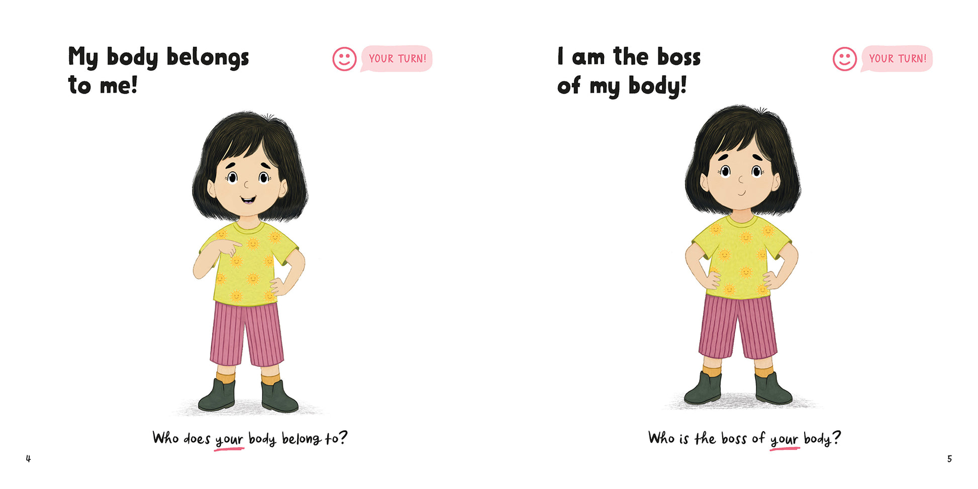 Illustrated page spread from the book 'Boss of My Body' showing on the left page, a child confidently pointing to their own body and on the right page, the child is standing tall and proud. There are positive words, affirmations and conversation starters promoting body autonomy.
