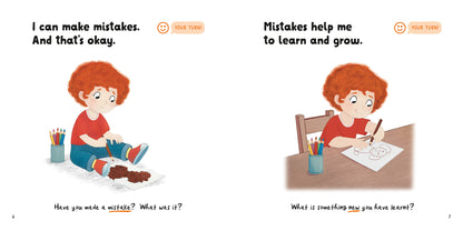 Illustrated page spread from the book 'I can Try' showing on the left page, a sad child  who has done a poor job coloring in a drawing of a dog and on the right page, the same child happily drawing a perfect picture of a dog. There are positive words, affirmations and conversation starters promoting the value of learning and growing from our mistakes.
