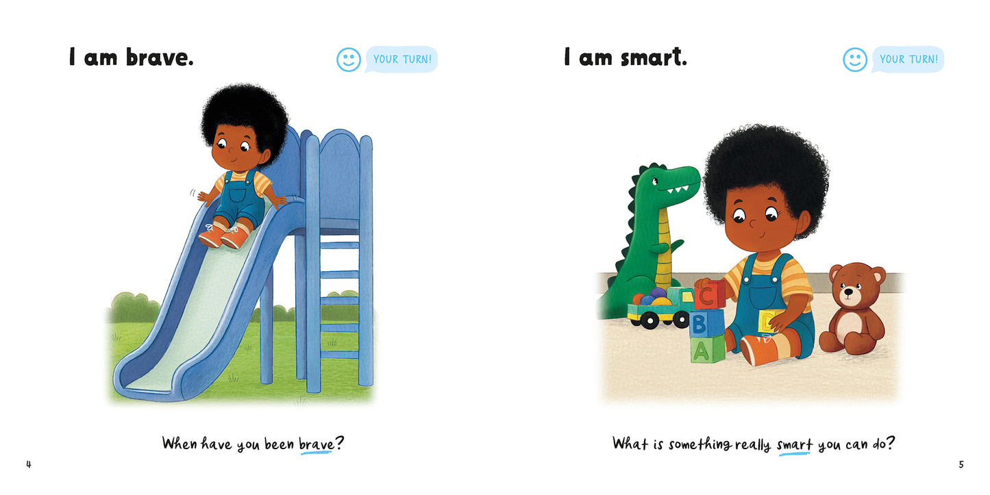 Illustrated pages from the book 'I am Brave' showing on the left page a child on a slide and on the right the child is playing with toys, with encouraging text about bravery and intelligence.