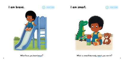 Illustrated pages from the book 'I am Brave' showing on the left page a child on a slide and on the right the child is playing with toys, with encouraging text about bravery and intelligence.