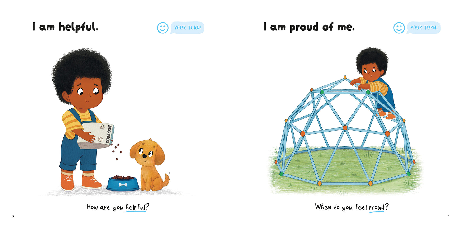 An Illustrated page spread from the book 'I am Brave' showing on the left page a child feeding a dog with the text "I am helpful" and on the right page the child is reaching the top of a climbing frame with text prompts for self-reflection about bravery.