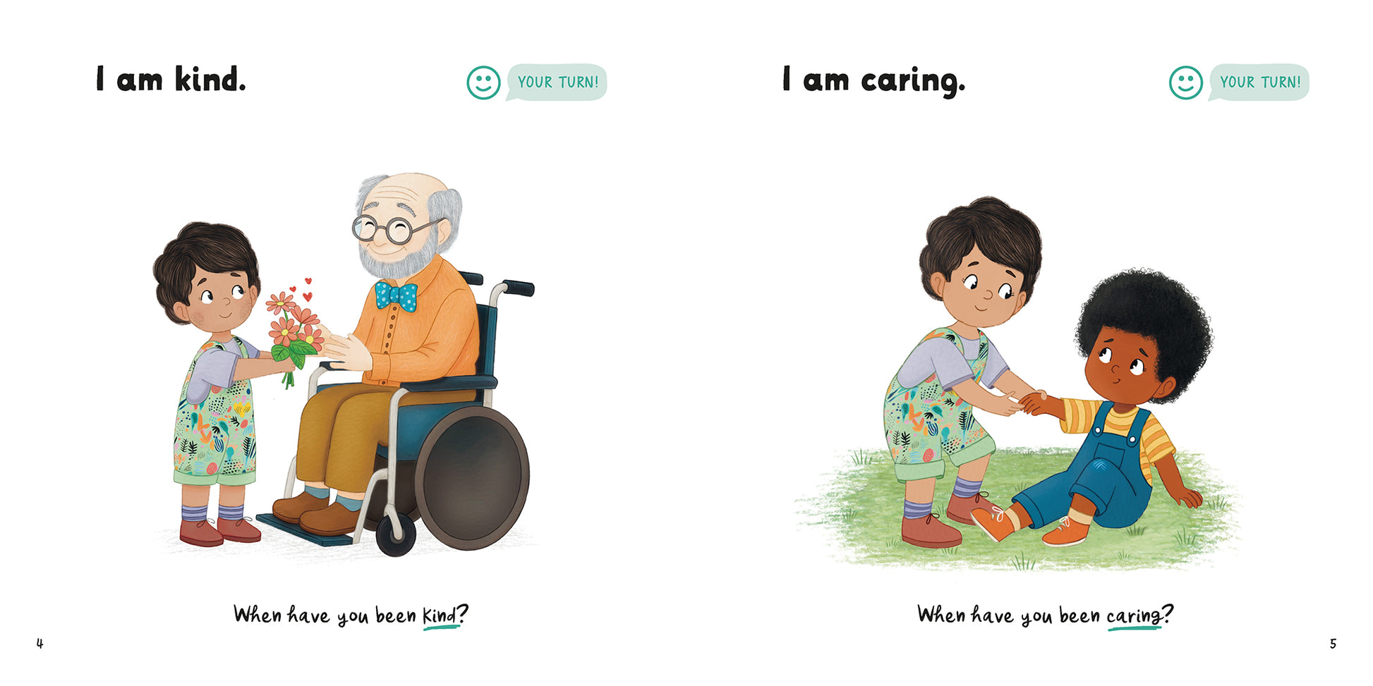Illustrated page spread the book 'I am Kind' showing on the left page  a child giving an elderly person flowers and on the right page a child helping another to their feet with text and prompts promoting kindness and caring.
