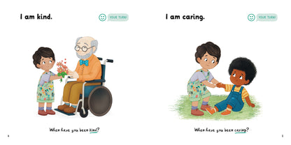Illustrated page spread the book 'I am Kind' showing on the left page  a child giving an elderly person flowers and on the right page a child helping another to their feet with text and prompts promoting kindness and caring.