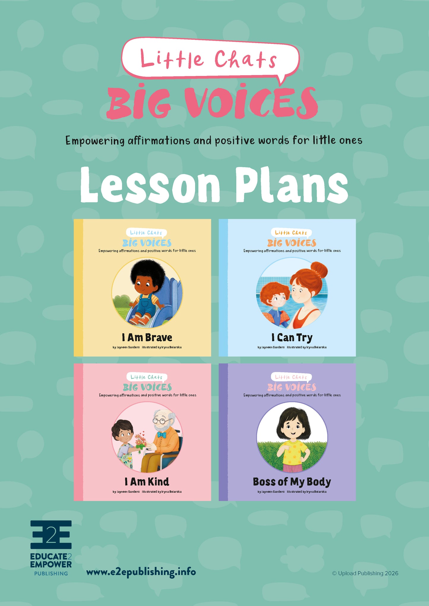 Cover of 'Little Chats Big Voices' lesson plans with four book covers on a green background.